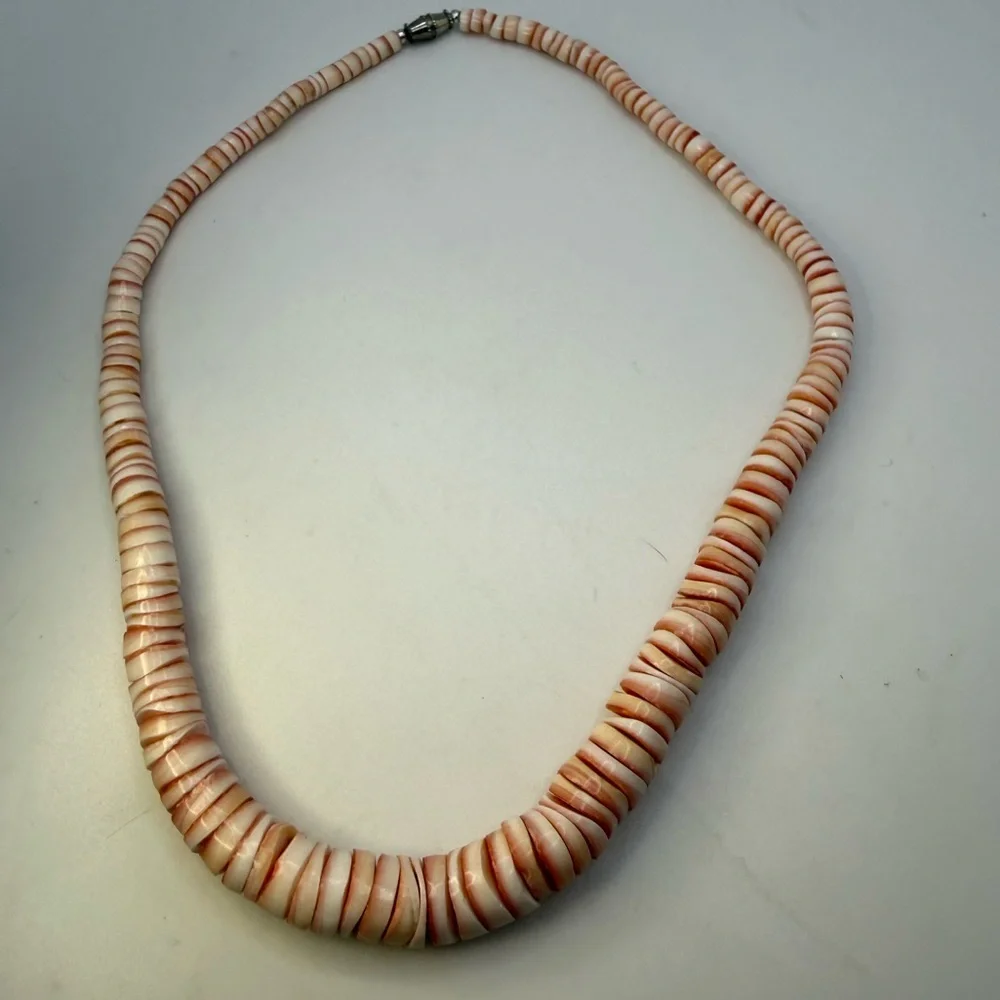 Vintage Pink Shell Heishi Bead Necklace 17” Coastal Boho Statement